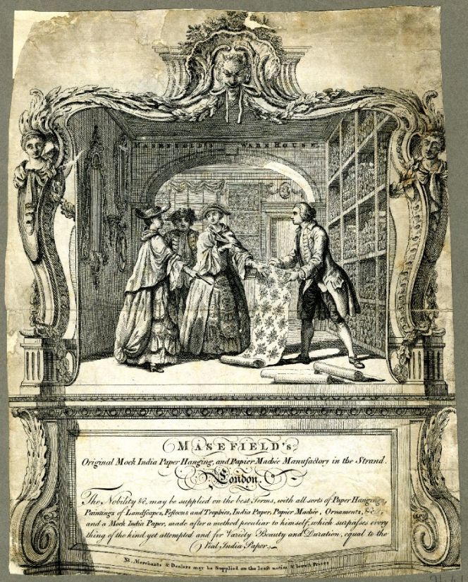 This fashionable London shop with its wealthy customers was depicted on a trade card dating around 1758 – just the same year as the Inventory – which gives an interesting glimpse of expensive wallpapers for sale. In London, Paris or Stockholm alike it may be assumed that the wealthy clientele and the assortment of products were quite similar. For instance, the Inventory lists various origins for the wall decorations as French or East Indian and this depicted shop interior particularly focused on “India paper” of several designs. Imported goods of all variations were often emphasised in prints as well as hand-written documents or personal letters. (Courtesy of: British Museum, London, Collection Online, Trade-card/prints, Heal,91.41).