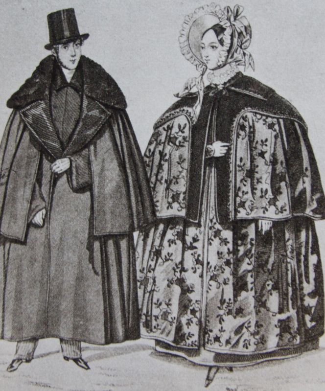 It may also be noted that without receiving waterproof treatment, the long-lasting fashion of wearing large  capes or cloaks – if one could afford to buy such a large amount of cloth for a single garment – was of course  weather protecting in themselves. This fashion plate of 1834 from “Theaterzeitung” shows very clearly  the large quantity of cloth needed to make a full-length cape. However, few outer garments of this type have  been preserved, since the fabric was ideal for re-use to make children’s clothes and the like once the original  was out of fashion. (Fashion Magazine “Theaterzeitung” 1834).