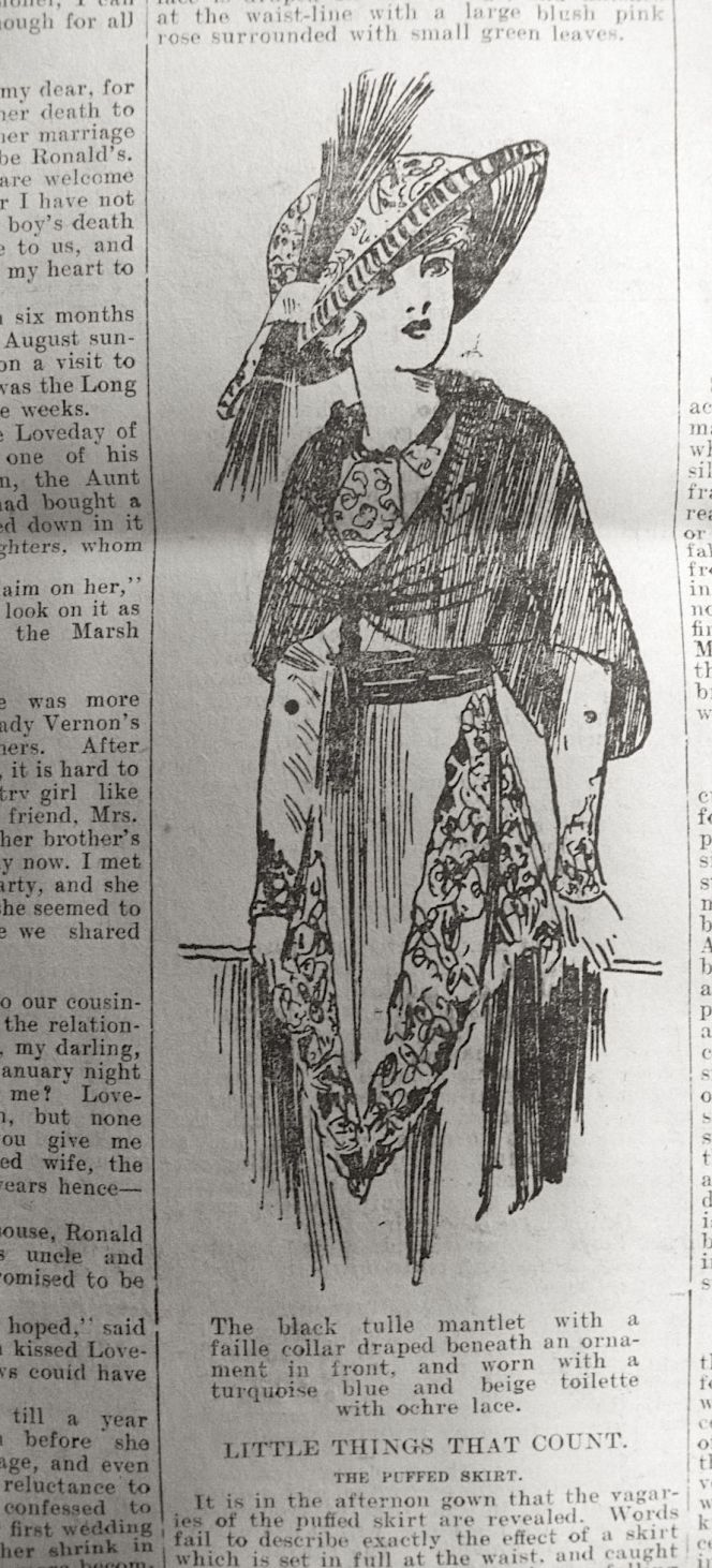 Whitby Gazette in June 1912 – ‘Fashion Reflections’ in this number showed large hats, shawls and garments draped over the skirt with informative details in an accompanying text. (Courtesy of: Whitby Museum, Library & Archive).