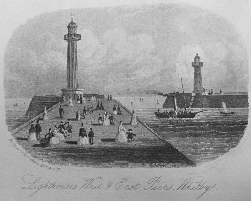 ‘Lighthouses West & East Piers Whitby’ c. 1860s. At this time steamships coexisted with sail in Whitby harbour, as can be seen in this print. (Collection: Whitby Museum, Library & Archive, Local Prints and Papers, 942.747) Photo: Viveka Hansen, The IK Foundation. 