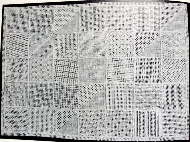 The inspiration for some of the stitching was copied from this exquisite whitework sampler copied from a model sewn  in the year 1800. This sampler includes 34 variations of whitework ornamentation on a very fine linen  – 28 threads/cm, handwoven and sewn with the finest hand spun threads. However the linen for  my reproduction was coarser (14 threads/cm) in structure, due to the difficulty in finding such a  fine quality linen for embroidery. (Photo: From the publication ‘Ur Skånska syskrin’ p. 10).