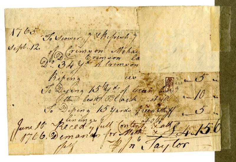At the back of this trade card (above), various goods were listed in 1765 and 1766 giving evidence  for that this dyer among other services dyed cloths etc in ‘crimson’, ‘best black’ and ‘green stuff’.  Courtesy of: © Trustees of the British Museum, Trade cards, Heal 57.48.+ (Collection online).