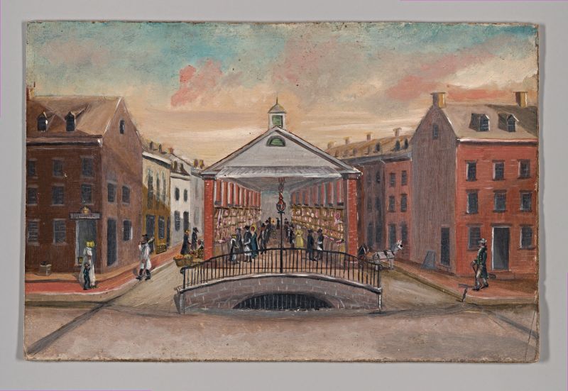 Another geographical link to the former Carl Linnaeus student Pehr Kalm is the Old Fly market in New York as it appeared in 1808, according to a note on the back of this painting, as well as evident via the style of clothing worn by the depicted individuals. This particular market and its surrounding quarters were the same as Kalm mentioned in his journal, experienced during a visit to New York in 1749, which is briefly discussed below linked to the trade of cloth in the area. |Oil on slate paper by William P. Chappel (1801–78), painted in the 1870s. (Courtesy: Metropolitan Museum of Art. No: 54.90.492).