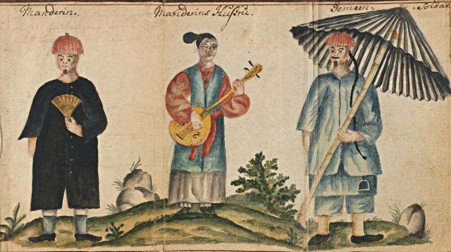 Of textile interest are several drawings depicting the inhabitants’ clothes at the destination of Canton. Carl Fredrich von Schantz’s captions included these colourful costumes of predominantly indigo blue, which read in translation: ‘Mandarin’, ‘Mandarin’s Wife ’, and ‘Ordinary Soldier’. (Courtesy: Kungliga Biblioteket… M 292, p. 103).