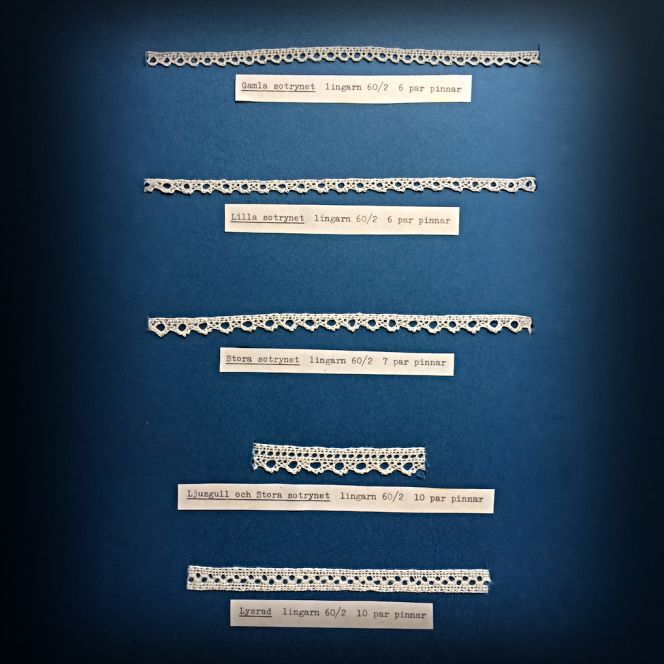 Five further bobbin lace samples (6-10), with their local names underlined, the type of linen thread used and the number of bobbin pairs used for each lace. All these laces are also 0.5 to 1 cm wide. (Private ownership of lace samples, made in 1981-82. Photo: Viveka Hansen).