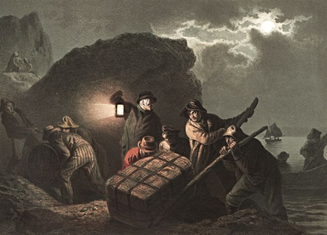 This lithograph, illustrating smugglers on the west coast of Sweden, by Joseph Wilhelm Wallander (1821-1888), offers an enlightening view of this longstanding illicit trade. In particular, regarding the substantial number of individuals involved, the boat sailing in the coastal waters with the desired goods, which was loaded onto a smaller rowing boat with two men, who met up with a group of smugglers on the rocky shoreline, where each man and boy had their role to play to safeguard the valuable goods. The centred, heavy, large bale may have been tightly packed with folded fabrics. | The illustration was included in the book ‘Bilder ur svenska folklifvet’, printed in 1855. (Courtesy: Uppsala University Library, Sweden. Alvin-record 89184).