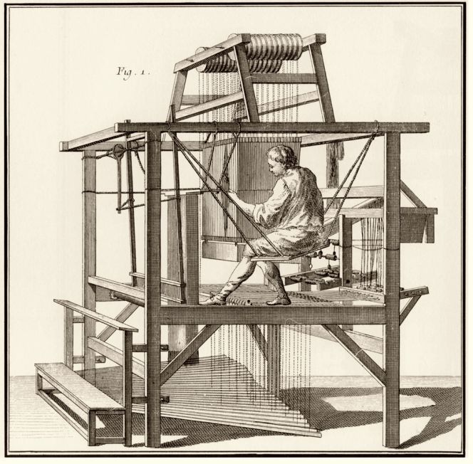 A master weaver’s draw-loom – like this mid-18th century depiction – was mainly used when the manufacturers wanted to produce silks with large motifs. The weaving assistant was busily preparing the very slow process to pre tie the many “draws” in preparation for the weaving to begin. The illustration is taken from the French book, Encyclopédie Vol 4, printed in 1754. (From: ’Draw-loom’. Diderot…(1754), Paris 1751-1772). 