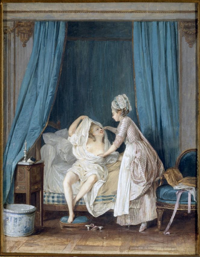 ‘Lady Getting out of Bed’ painted almost twenty years later (1776), gives an unusually detailed picture of bedclothes. A blue and white chequered linen mattress, linen sheets and pillows and a yellow cover [probably silk] edged with blue shiny silk ribbons. Overall this gouache on paper by Niclas Lafrensen (1737-1807), demonstrates a wide range of interesting comparisons of daily life within wealthy Swedish homes during the second half of the 18th century, even if the painting most probably depicted a Parisian upper-class home, while the Swedish artist Lafrensen lived here in the years 1774 to 1791. It may be observed however, that the Swedish taste was strongly inspired by French fashions in clothing, interiors, luxury consumption, language etc – due to a long-lived exchange of people who went to France for reasons like years of education, Grand Tours, work purposes or pleasure. Many wealthy individuals, like young men of the Piper Family stayed for several years in the country. Goods, influences and new-learned knowledge were transported or sent back home in form of physical objects and news travelled via correspondence to friends and relatives. (Courtesy of: National Museum, Stockholm, Sweden, NMB1405, Wikimedia Commons).