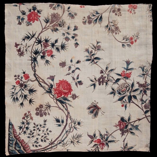 This beautiful piece of Indian chintz was a typical quality, desirable for smuggling in several European countries, like in England, where the so-called Calico Acts banned import of most cottons including some sort of ornamentation from circa 1700-1774 (modified rules over these years). However, one thought is that it was probably not the case for this preserved piece of fabric, as the extensive sumptuary laws of the 1750s and 1760s in Sweden had multiple restrictions on silks, but these repeated bans did not to the same degree affect printed cottons brought back in private trade. This particular fabric is believed to have been taken to Sweden in the 1760s by Captain Mathias Holmers (1712-1799) on a Swedish East India Company ship. The depicted example is one of three identical fabric pieces kept in the Nordic Museum collection. (Courtesy: Nordic Museum, Stockholm. No: NM.0230821A-C).