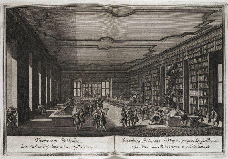 A library interior from the Georg-August University in Göttingen 1745, which was ‘100 feet long and 40 feet wide’ where the male students, teachers and librarian(s) were depicted in traditional upper-class fashion of the day with a three-piece suit (coat, waistcoat and breeches), white silk stockings and buckled shoes. This is a good illustrative comparison on the aspect of clothes in private versus university/public libraries. Banyans or various silk gowns are not visible here, or on other similar prints, so such informal garments seem to have been preferred in private libraries only. Another interesting connection is that the former Linnaeus’ student Peter Forsskål (1732-1763) must have visited this particular library many times as he studied at the Georg-August University from 1753-56 for the philosopher and naturalist Samuel Christian Hollmann (1696-1787) et al. | Engraving by the German draughtsman and printmaker Georg Daniel Heumann (1691-1759). (Courtesy: British Library, London, UK. General Reference Collection 118.d.5. No: BLL01017754896. Etching and engraving; 22 x 33 cm). 