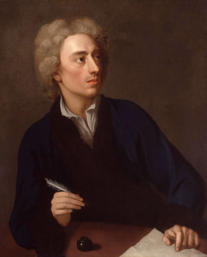 A creative portrait with an ink bottle, a feather pen and paper of Alexander Pope at almost forty, circa 1727. Oil on canvas by the Swedish portrait painter Michael Dahl (1659–1743), who lived most of his active working life in England. (Courtesy: National Portrait Gallery, London, NPG 4132. Public Domain). 