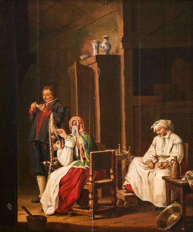 ‘Interior with people from Blekinge’ is dated from 1780 to 1810. This depiction gives a glimpse of female textile work. Judging by her colourful hair ribbons, the young unmarried woman was spinning flax on a wheel while her mother or maybe grandmother made the spun yarn into skeins. It is also interesting to notice the three porcelain pieces on top of the cupboard, which probably were of East Indian origin, which are possible to purchase for comfortable living farmers in the Blekinge province. Oil on panel by Pehr Hilleström. (Image: Uppsala Auktionskammare, online. Unknown present owner).
