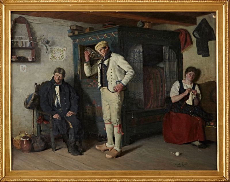 Cottage interior in Skåne province, with the wooden box bed as a focal point, arranged with several mattresses and an art-woven multi-coloured striped bedcover on the top, whilst white and blue linen/wool bed curtains in woven ‘dukagång’ (the same technique as illustrated in the image below) hung on each side of the bed. Oil on canvas by Jakob Kulle (1838-1898) in the year 1880. This scene of a farming interior, however, was supposed to depict circumstances circa 30-40 years prior to when it was painted, at a time when the long-lived traditions in furnishing, interior textiles and locally styled clothing still were common in many farming communities. This made-up bed may be compared with an estate inventory dated 14 July 1765 after the farmer tenant Hindrich Jönsson, Gyllerup. The home was relatively poor, but listed below the heading ‘Bedclothes’, the most valuable objects in the home were revealed as ‘1 made-up bed with everything included’, valued at 12 ‘Daler kopparmynt’ [Daler in copper coins or Rixdollar copper coin]. Together with two other textile objects only, 1 black striped featherbed worth 3 Daler… and 1 bedcover valued at 4 Daler in copper coins. (Courtesy: Stockholms Auktionsverk, sold in 2015. Unknown ownership).