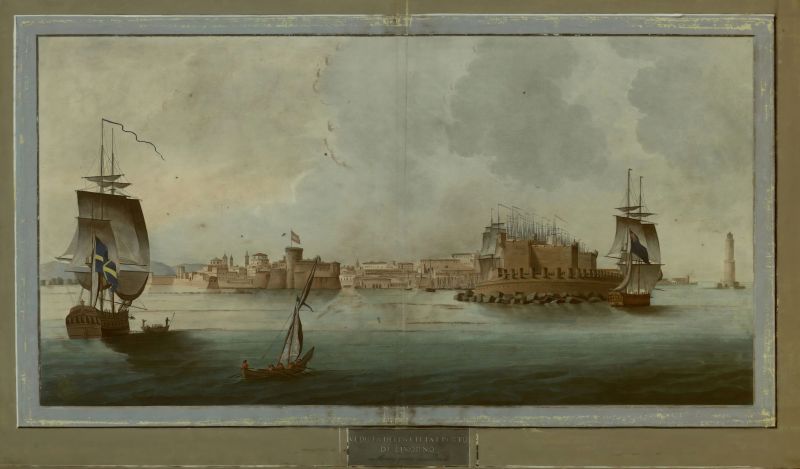 Livorno, illustrated by an unknown artist from the 1770s to the 1790s, had been a prominent harbour for international trade for centuries. Here, the artist depicts Swedish and British ships at anchor in the road. (Courtesy: British Library, Maps K.Top.80.13.g. Public Domain).