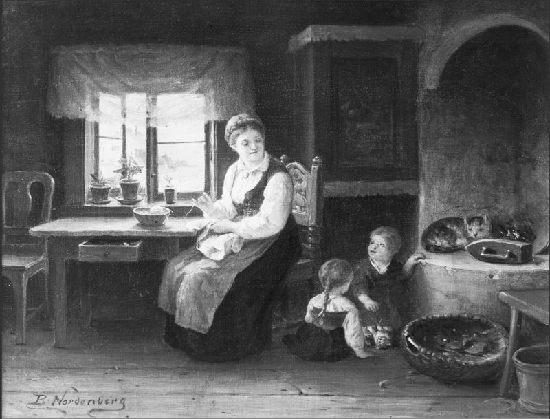 Cottage interior in the Blekinge province, by the locally born painter Bengt Nordenberg (1822-1902), who was known for his genre painting in the Düsseldorf school style, a place where he had received some of his education. This interior probably dates back to the 1860s or 1870s, proving that a translucent cotton or linen curtain was used in the country home’s daily room. (Courtesy: Nordic Museum, Stockholm, Sweden. NMA.0068261 (Black and white photograph of oil on canvas. DigitaltMuseum).