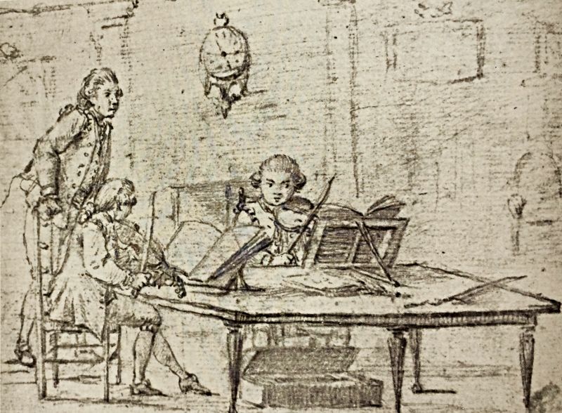 This drawing of a violin lesson circa 1770 in a wealthy Swedish home gives enlightening details of musical practice. The tutor watchfully guarded the two young boys when practising their violins. Music notebooks were placed on wooden stands, whilst further sheets of notes seemed to be placed on the table – which was moveable due to the small wheels on all six legs to be put aside when not in use – and a violin box on the floor. The clock pointed at almost five, demonstrating that this lesson occurred late afternoon. All individuals’ clothing and hairstyles were depicted in ordinary, everyday upper-class fashion. Consisting of a collarless short coat, waistcoat and breeches, probably of matching fabric, a ruffled shirt, silk or woollen stockings, low-heeled buckled shoes, and a wig was drawn back and tied with a silk ribbon. (Courtesy: Uppsala University Library. Drawing, probably made by Jean E. Rehn).