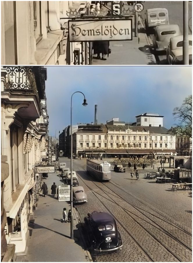The marketplace ‘Gustaf Adolfs torg’ in Malmö city centre, where “Hemslöjden” was established in 1908, visible via a hanging sign. Noticeable in the picture is also the tall chimney in the background, which was the location for the woollen fabric, “Malmö Yllefabriks AB” founded already in 1867, and its production ceased in 1958, four years after this picture was taken, when the factory still had 700 employees in the textile city of Malmö. (Courtesy: The Nordic Museum, NMA.0043277. DigitaltMuseum. Photo: Erik Liljeroth & modern digital colourisation).