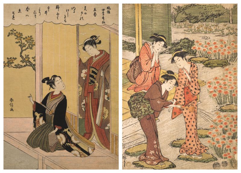 To the left, a beautiful coloured print, probably from circa 1768, displays great similarities with Thunberg’s journal note of the dress of the prosperous Japanese women and men. From Dezima in 1776, he even recorded the same species of oranges – as visible on this print – and how these plants were treasured in the gardens: ‘A very small species of China Orange (Citrus Japonica), is frequently cultivated in the houses in pots. This shrub hardly exceeds six inches in height, and its fruit, which is sweet and palatable, like China Oranges, is not larger than an ordinary Cherry.’ Overall, attention to detail was an important element in all traditional gardening in Japan. | The righthand print continues on the same theme. Instead, it illustrates the large pink (Dianthus superbus) and three young women in a garden with stepping stones and areas of growing moss – all carefully kept in the fenced garden around 1790. Interestingly, another species within the same Genus (Dianthus japonicus) was recorded by Thunberg in his volume ‘Flora Japonica’. (Courtesy: Metropolitan Museum of Art, New York, US. To the left: No. JP2776. Artist Suzuki Harunobu (1725-1770), woodblock print; ink and colour on paper. Edo period, Japan & to the right: No. JP193. Artist Kuwagata Keisai (1764-1824), woodblock print; ink and colour on paper. Edo period, Japan).
