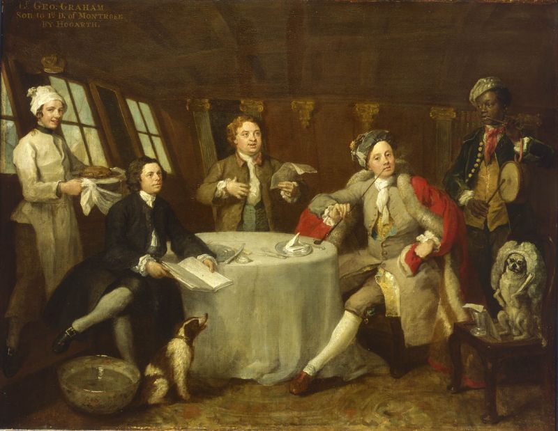 An illustrative example of table linen onboard a contemporary ship, was depicted on this oil on canvas from 1745 by William Hogardt (1697-1764) – ’Captain Lord George Graham (1715-47) in his Cabin’. This conversational painting demonstrates the relaxed interior of the captain’s cabin on the 60-gun HMS Nottingham, anchoring in a harbour as visible ship sails can be glimpsed from the windows, whereof the fine dining, musical entertainment, Hogardt’s pug dog etc. However, to my knowledge, via in-depth research of the seventeen Linnaeus Apostles’ and their colleagues’ travel journals etc, tablecloths were not mentioned onboard ships in any form. Even if this commissioned painting includes an elegantly laid table one may assume that it was rare – for practical reasons – to use fine table linen on lengthy voyages by ship. (Courtesy of: National Maritime Museum, BHC2720. Wikimedia Commons).