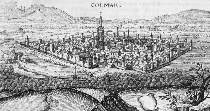 On 10 September the company left Mannheim in the post chaise and travelled via Neustadt, Landau, Candell and towards Strasbourg to reach Colmar three days later. | Engraving of ‘Colmar vue générale vers 1750’. (Wikimedia Commons. Public Domain). 