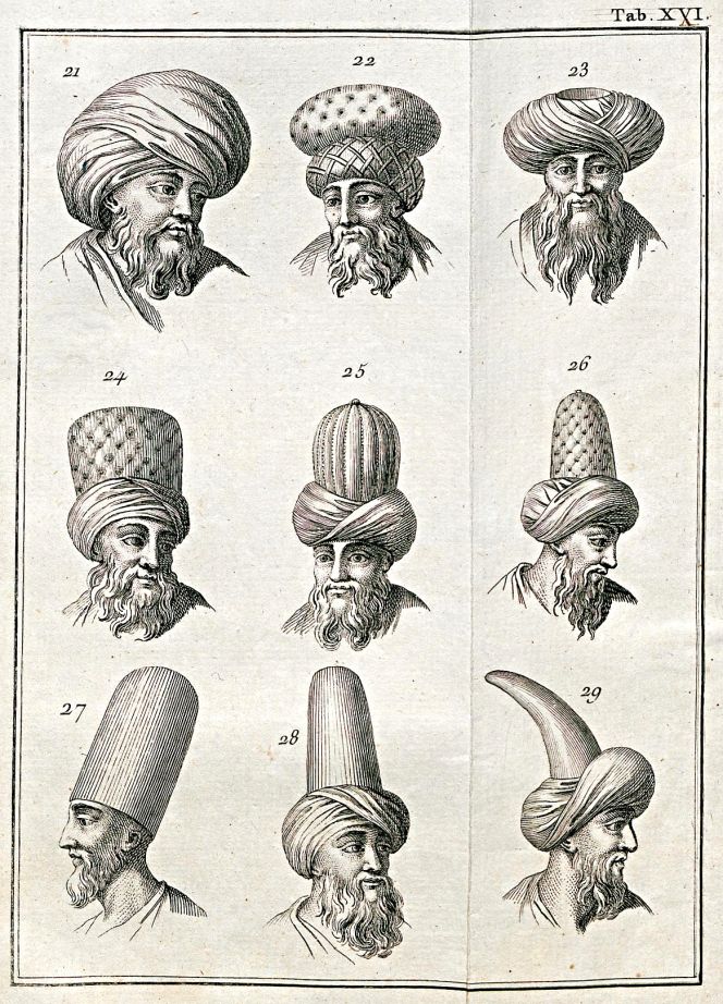 From his travel notes, Niebuhr included several plates with detailed drawings of traditional headgear from Constantinople [Istanbul], the Turkish countryside, Egypt and other places. Some of these originated from the area he passed through and visited during his last year of travel. Of particular interest: Fig. 21 which shows a style of turban used by some men in Turkish villages. Fig. 22 was used by learned men in Constantinople, such a model was stuffed with cotton to get the correct shape according to Niebuhr’s notes. Whilst, Fig. 24 was worn by the ‘distinguished clergy throughout Turkey’. (From: Niebuhr…1774. Vol. One. Tab. XXI).