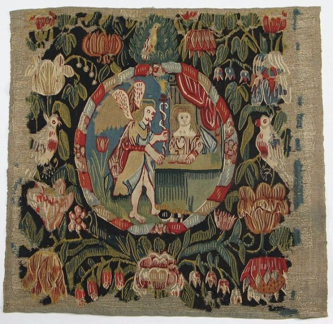 The tapestry or dove-tail tapestry weaving is known in Swedish as “flamskväv” (Flemish weave). It may be noted that the technique is considerably older than woven tapestries from Flanders however, almost identical techniques can be seen on thousands of years old textiles from many parts of the world. Mainly used in the representation of scenes with figures, including animals, people and landscapes but also simple scattered flowers and leaves, often with immense richness in details and nuances. The textiles produced by this technique have been known by many different names in different languages. For instance, this particular mid to late 18th century fragmented cushion cover, indicates with its relative fineness of motif that it probably was woven by a female weaver – wife or daughter – in a clergy household in the province of Småland, homes known for their exceptionally fine works at this time. Contemporary or somewhat later dove-tail tapestries from farming communities in the southernmost province Skåne had equally skilled weavers, but these tapestries were more stylised and somewhat coarser in quality. See images below. (Courtesy: Nordic Museum, Stockholm, NM.0076365A). 