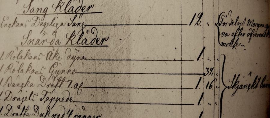 Estate inventory dating 1817 from Hans Bergquist, Walleberga, Oxie district. Among the interior decorations, two double interlocked tapestry textiles are listed as ‘Rölakans åke dyna’ and ‘Rölakans Gynne’ (travel- and seat cushion). This was a time when it had become unusual to describe the individual textiles in such detail. (Owner: Landsarkivet [Regional State archive] Lund, Sweden). Photo: The IK Foundation, London.