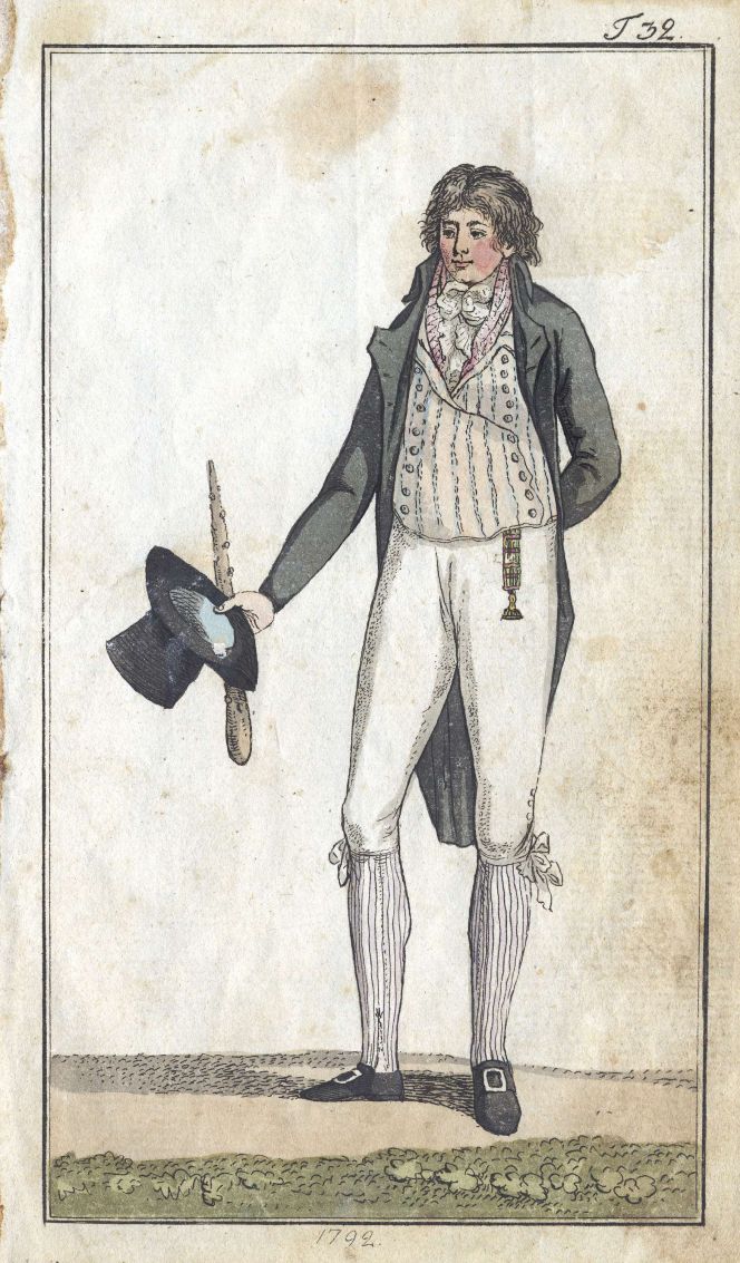 Male fashion in coloured drawing dated 1792. Noted at the back in translation from  Swedish: ‘Made by C H Fürst in Stockholm’. (Courtesy of: The Nordic Museum NMA.0041099).