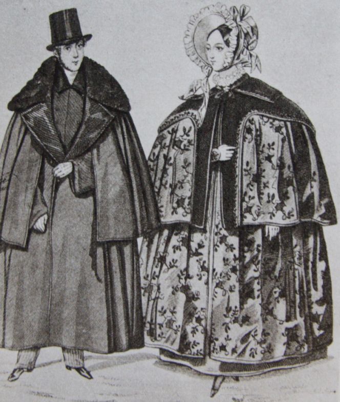 The necessity or tradition of changing or re-using older clothes to fit new purposes  was widely spread. Due to that reality, few major outer garments of the older type have been  preserved, since the fabric was ideal for recycling to make children’s clothes and the like once  the original was out of fashion. This fashion plate from 1834 shows very clearly the large quantity  of cloth needed to make a full-length cape. (Fashion Magazine “Theaterzeitung”, 1834).