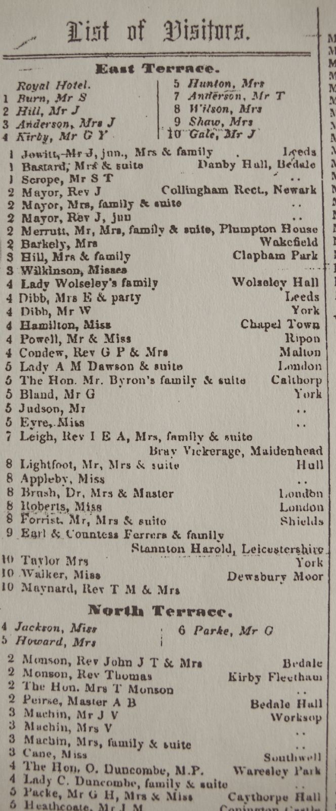 A section of ‘List of Visitors’ from October 10th in 1857, including addresses and accommodations in the hotel/guest house districts of West Whitby. Notice that the illustrated list was printed in October, implying that Whitby was still a popular health-resort/tourist place to visit at that time of year. Through this decades these types of lists were featured in the local newspaper and for example on July 3rd in 1880 – visitors’ names were recorded below Terraces, Streets, Places and Avenues in the extending popular west district of the town. Even in the early 20th century this ‘List of Visitors’ were part of the weekly paper during the “Season”. (Whitby Museum, Library & Archive). Photo: Viveka Hansen.