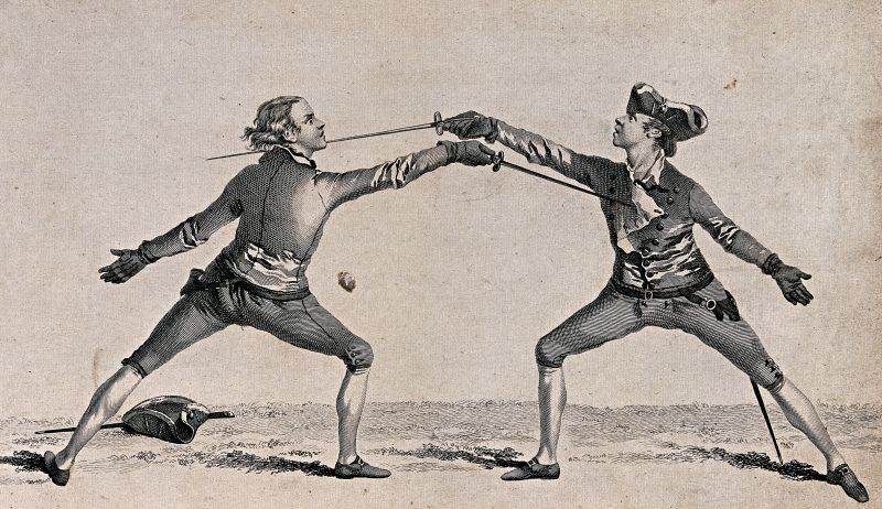 This somewhat earlier 18th century engraving of ‘Fencing: two men are practising their positions’ is an interesting comparison to the Piper brothers. Whilst fencing was practised during two hours in the weekly curriculum in 1785 and continued to be included as a subject over their study years. It may also be noted that the depicted young men of wealth wore uniform-like garments, just as the Colmar military school had a school uniform style dress code, judging by extant correspondence and lists of clothing. (Courtesy: Wellcome Library no. 34630i, originally published in February 1763). 
