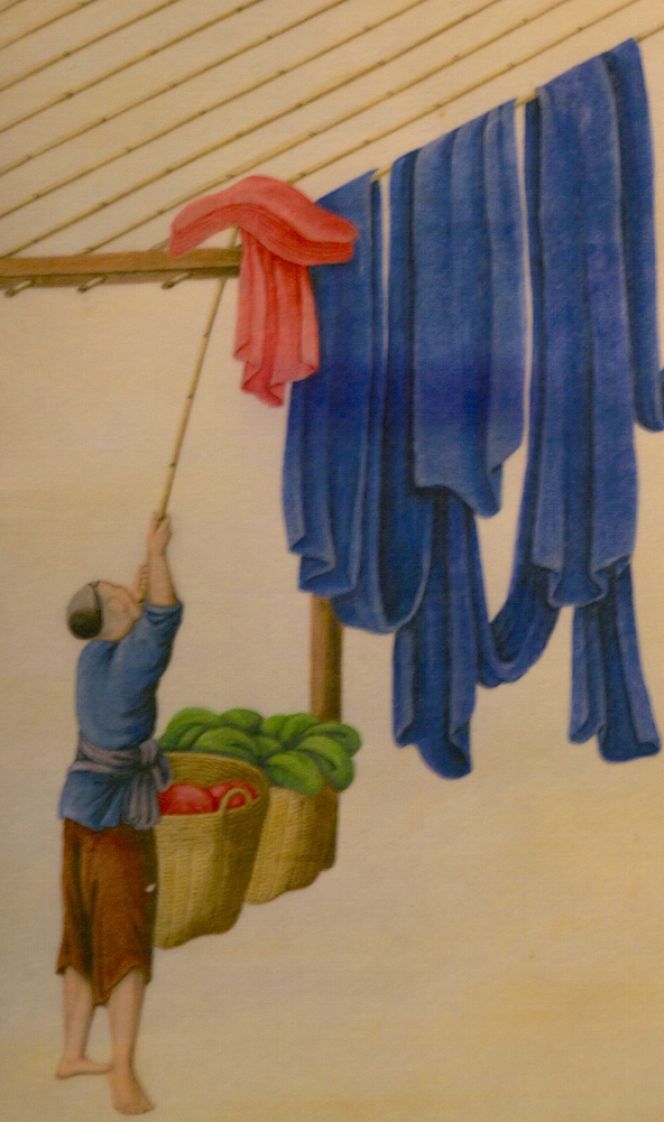 Going back in time to pre-synthetic dyes – here pictured with a professional dyer hanging ramie cloth to dry in the 1820s China. Watercolour on pith paper (Reproduction) in the Museum exhibition “Making Modernity”. One of sixty-two water colour images. Photo: The IK Foundation, London (2014). 