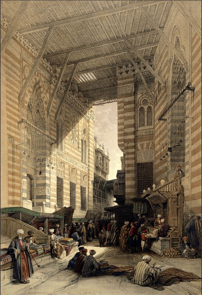 The naturalist Fredrik Hasselquist (1722-1752) may not have mentioned the Sultan al-Ghuri complex by name, which was situated in the mediaeval town centre, but he indeed spent time in Old Cairo in the autumn of 1750, studying its architecture, people’s way of living, a mosque, commerce etc. This beautiful illustration was made nearly a century later (1848) when the roofed area functioned like a silk market. The buildings in that complex, comprising, among other things, a mosque, minaret, and mausoleum, the sections reserved for commerce had existed for over 200 years by the time Hasselquist visited Cairo, so he must have moved about in those commercial quarters. His records concentrated mainly on the extent of the trade in woollen cloth in the town, but he did not ignore the importance of raw silk and silk fabrics for The Mecca Caravan. |Colour Lithograph by David Roberts – ‘Bazaar of the Silk Mercers in Cairo’. (Courtesy: Wellcome Trust, images L0021542).