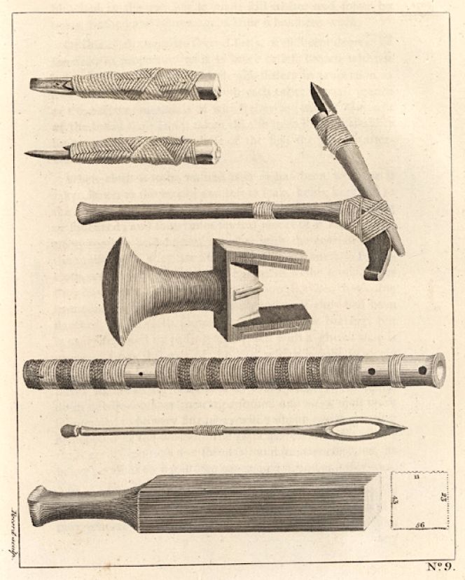 Another contemporary example is the beater for bark cloth at the bottom of the picture, shown here, along with other tools, used locally on Otaheiti [Tahiti] and nearby islands, depicted by the artist Sydney Parkinson (1745-1771) during the period April-August 1769 – accompanied by the Linnaeus’ apostle and naturalist Daniel Solander (1733-1782) et al on James Cook’s (1728-1779) first voyage. This tool is one of many hundreds of ethnographic items brought back from Cook’s voyages, which after their return to Europe and England initially ended up in the collectors’ own hands, in other private ethnographic collections, museums of an early date or in scientific natural history cabinets in Europe. In the 19th century and further into the next century the objects were gradually sorted, sold, re-arranged or donated to museums and institutions in Europe as well as in other continents. Today ethnographic objects from those voyages can be seen and studied at the Pitt Rivers Museum, Oxford and several other museums in England, Museum of Ethnography Stockholm, Sweden, Georg-August University of Göttingen in Germany, Museum of New Zealand, National Museum Australia etc. As well as equivalent objects used in local traditional craft at the Musée de Tahiti et des îles. (Image from: Hawkesworth, John, An Account of the Voyages…, 1773, vol. 2, plate 9).