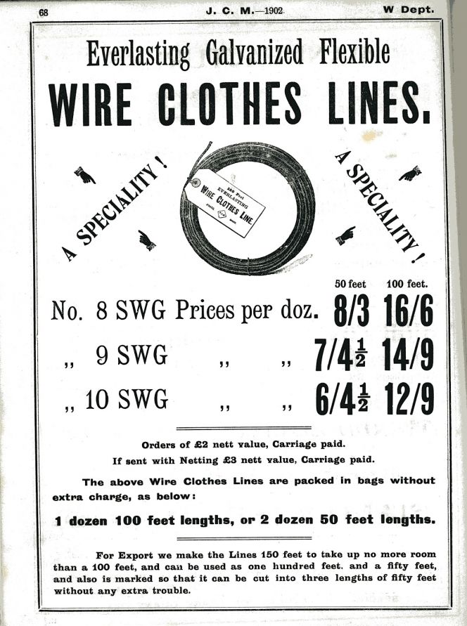 How utensils, clothes lines etc, looked like circa 1900 and what these  items cost, something which is shown in the Richd. Johnson, Clapham & Morris catalog  dated 1902. Among other things, ‘Everlasting Galvanised Flexible Wire Clothes Lines,’ sold  in differing lengths, ‘Hemp clothes line,’ ‘Wooden Clothes peg’ and a smaller drying rack for indoors…