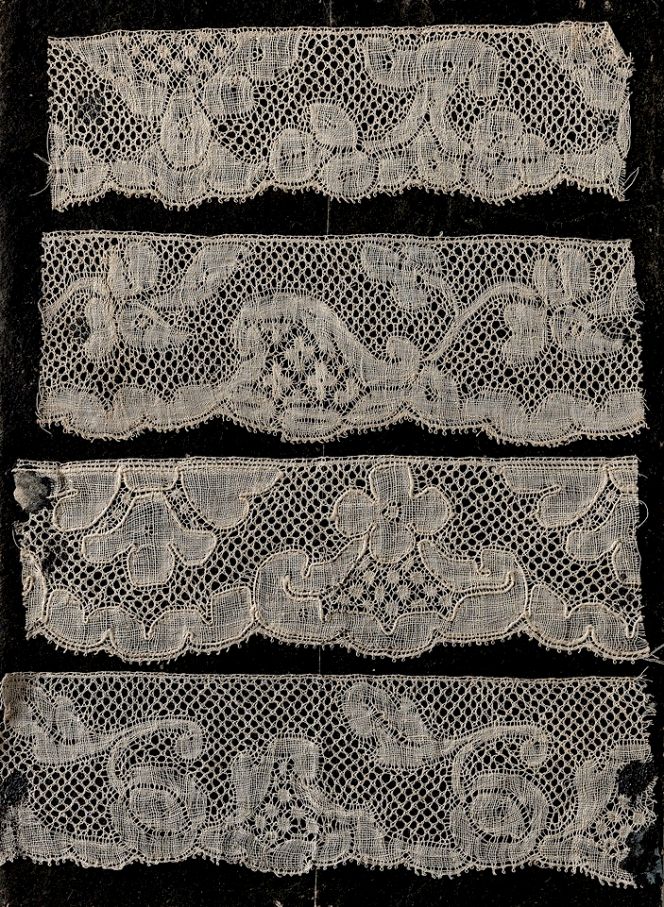 These linen bobbin-lace samples were part of the professor of economics, Anders Berch’s extensive collections in mid-18th century. According to research by the late textile historian Elisabeth Thorman: Anders Berch’s son, the notary Christer Berch, probably collected these lace samples in Vadstena at his visit here in 1759. Vadstena was the centre for exceptionally fine and complex bobbin-lace making in Sweden, even regarded of “Flandern style”. More or less every household in the town with surrounding areas had active lacemaking women during this time and such fashionable linen laces were sold via pedlars to all strata of society all over the country. Among many uses as layered ruffles on elbow length sleeves for ladies of the nobility as well as decorative features on shirts and caps in farming communities. (Courtesy of: Nordic Museum, Stockholm, Sweden. Anders Berch Collection. Digitalt Museum Image, no. NM.0017648B:23B).