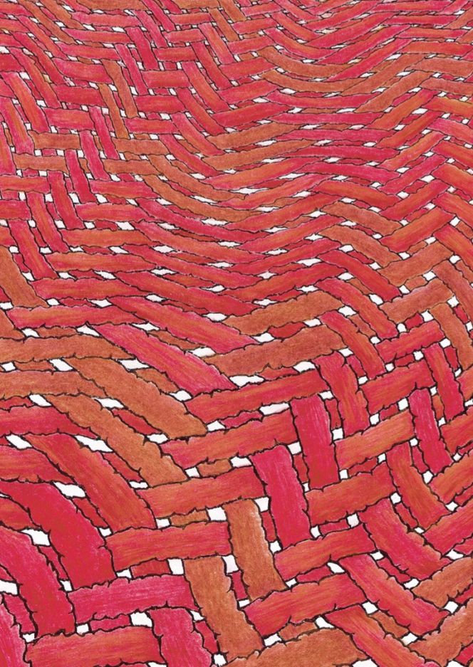 The roots of madder and a few Galium species were the most common sources for dyeing red colours of various shades  during both the Viking age and Medieval time in northern Europe, based on knowledge primarily  learned from excavated textile fragments. This illustration aims to give a close-up impression of a  madder dyed twill woven fabric. (Illustration: Helen Hodgson).