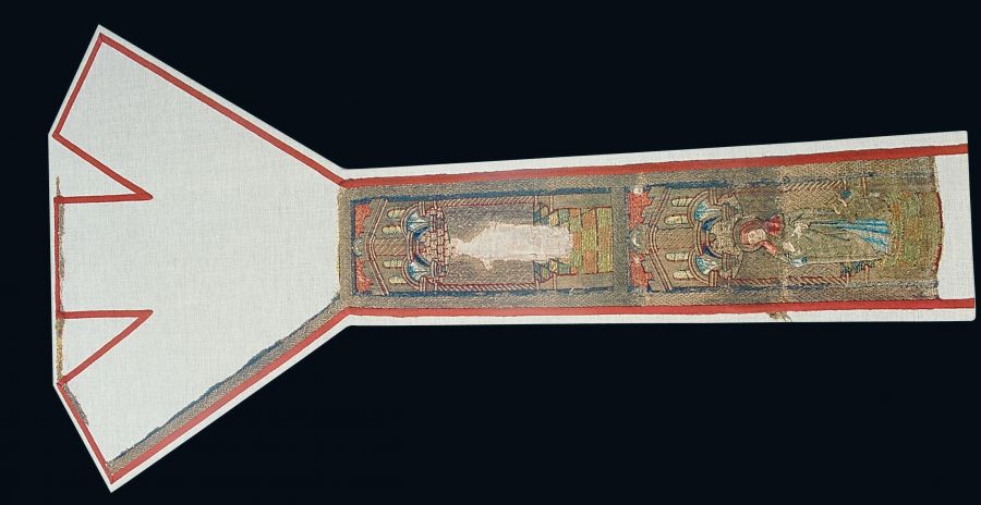 This fragmented cross from a chasuble was made around the year 1500 of the most exquisite silk and gold figure embroidery. It was probably embroidered in Flanders – an area known for its extremely delicate and beautiful work. Its shape is reconstructed; the figures depict John the Baptist and Brigit of Kildare (c.451-525) a patron saint of Ireland. Largest height 126 cm and largest width 69 cm. Photo: The IK Foundation, London.