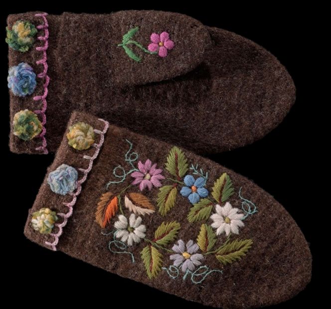 This pair of well-preserved mittens of nålbindning in natural brown wool, was decorated with a traditional embroidery in vibrant colours, edged with a crocheted border. Judging by the garish woollen threads, in particular the orange and pink, these were synthetically dyed colours, giving evidence for a date from the late 1850s to 1873, due to that this pair of mittens was donated to the Nordic Museum in January or February 1874 by a ‘Miss S. Hultén in Stockholm’ (according to information on the catalogue card). Furthermore, in contrast to my reconstruction attempt and the other illustrated mittens above, this pair had gone through a much more intense felting procedure, which improved the thickness of the quality as well as making the nålbindning structure almost invisible. (Courtesy: The Nordic Museum, Stockholm, Sweden. No: NM.0004048A-B. | Värmland province, Sweden. Digitalt Museum).