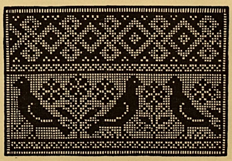 One of many motifs depicted in ‘Buratto, a Book of Embroidery’ printed in 1527 is the opposite standing birds – a design frequently used long before as well as after this early book was printed. Such books for embroidery in the 16th and 17th centuries, seems to have been an important source of inspiration for reasonable well-to-do households of the nobles, bourgeoise and priests who could afford to buy books. Such motifs in the most varied combinations were well rooted as artistic depictions in all strata of society during 19th century Sweden and many other European countries alike. One popular area of use was to pick details chosen after each and every young girl’s or young woman’s preferences for embroidered samplers. (From: Paganino, Alessandro…p. 68. Online source).