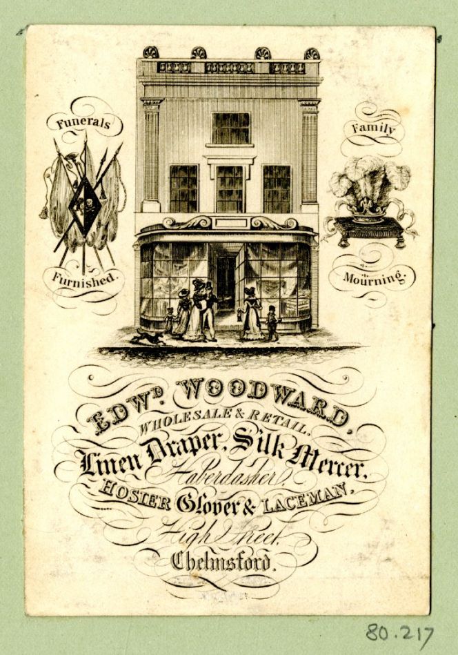 Undated trade card depicting prospective customers outside a linen draper etc in Chelmsford  ca 1810s-1820s. This was not an unusual design for a trade card in the early 1800s, but what  is particular is that it looks like the small boy is carrying a rectangular parcel for his  mother! Courtesy of: © Trustees of the British Museum, Trade cards, Banks 80.217. (Collection online).