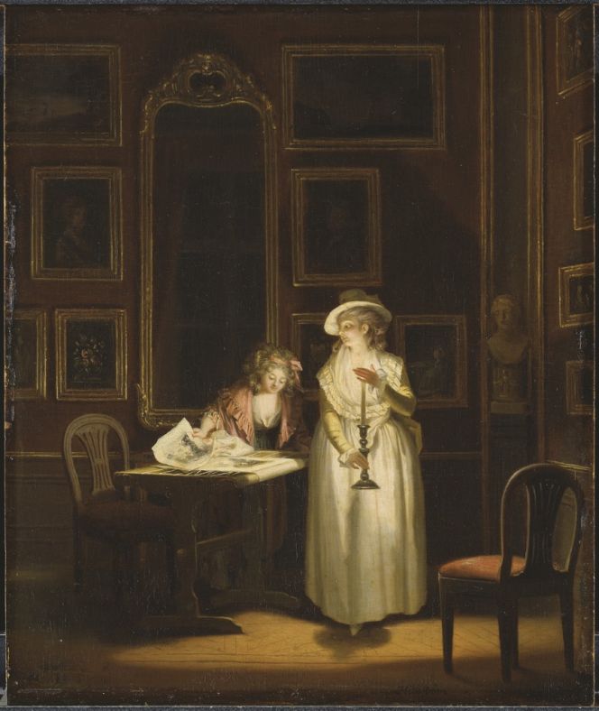 Interior painting by Pehr Hilleström (1732-1816), depicting a late 18th century milieu from the higher nobility in Sweden. A lady is working or inspecting an embroidery at her frame, whilst a second lady holds a candle stick. Even if this painting dates a few decades later than the inventory, Hilleström’s portraying of a wealthy home and the sparse lighting after dark can easily be compared with similar circumstances at Christinehof manor house. (Courtesy of: National Museum, Stockholm, Sweden. NM 2452, Wikimedia Commons).