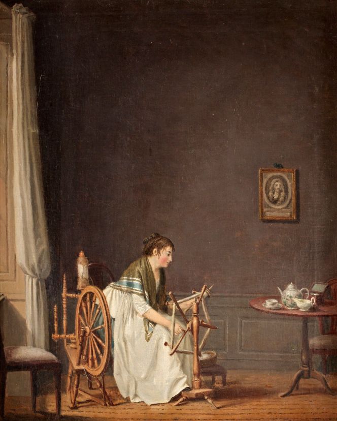 The next stage for the shining flax fibre is to be spun into fine thread on a spinning wheel and then to wind the yarn onto a reel making equally sized skeins, so being able to estimate the amount of linen thread. The same artist's oil on canvas from the 1780s to 1790s illustrates both these textile tools. However, for this depiction, Pehr Hilleström did not choose a servant in her everyday setting, but instead, a wealthy young lady occupied with industrious handicrafts in her drawing room at the manor house. Such a home was either situated in the Swedish countryside or a large residence in Stockholm. (Courtesy: Private Ownership. Photo, Bukowskis in Stockholm).