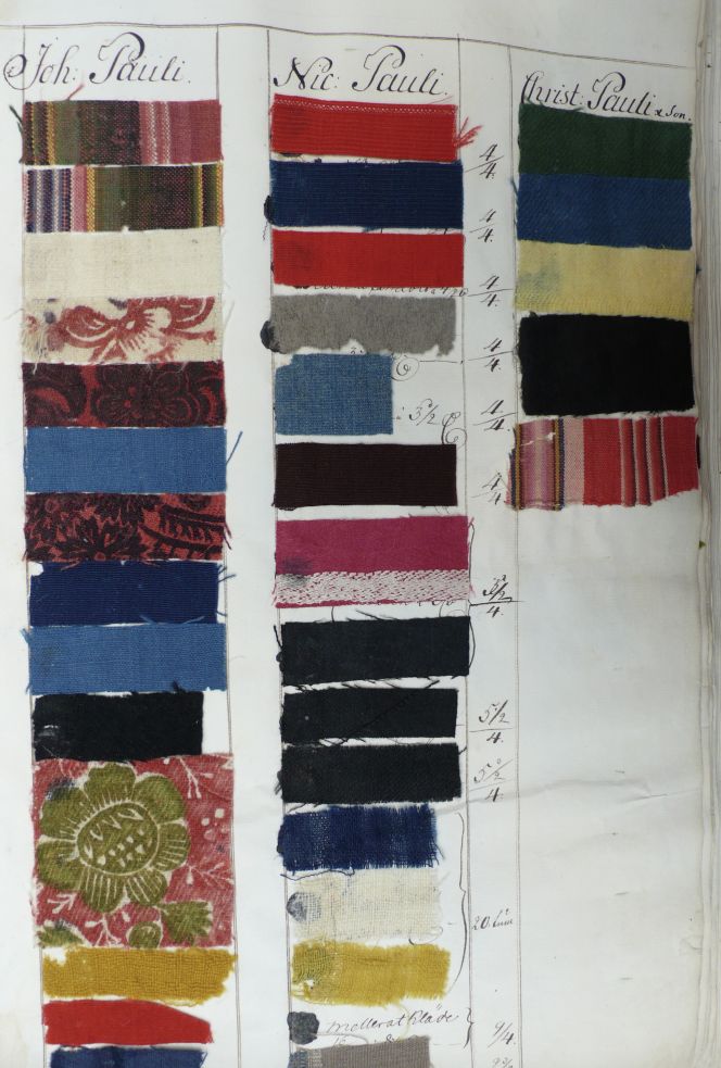 Samples of fabric from three woollen manufacturers of the Pauli family in Stockholm 1751. These woven examples are comparable to qualities in the Inventory of 1758 – listed as striped, printed as well as plain in colour. (Collection: The National Archive (Riksarkivet) in Stockholm, Sweden. ‘Kommerskollegium årsberättelser 1751’). Photo: The IK Foundation, London.