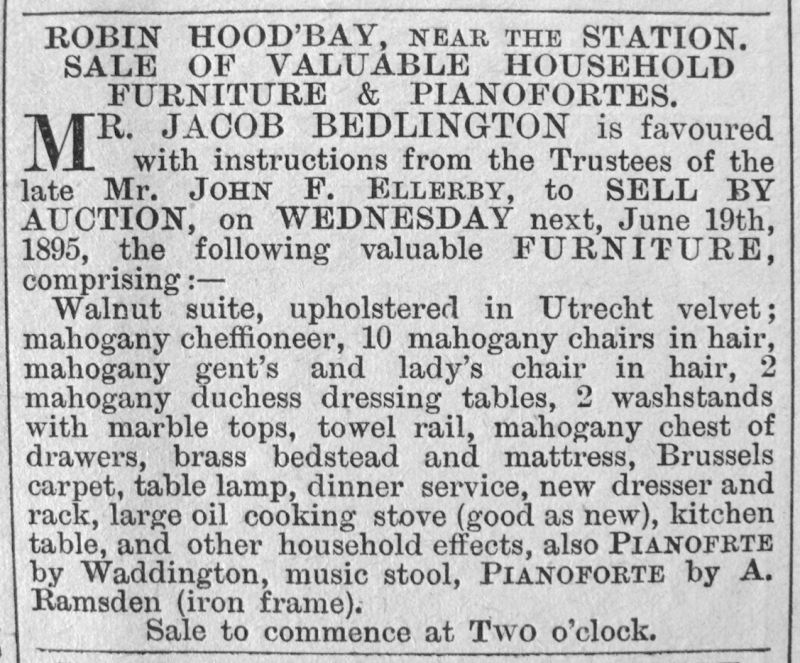 Whitby Gazette June 1895, ‘Robin Hoods’bay... Sale of valuable household furniture…’(Collection: Whitby Museum, Library & Archive). Photo: Viveka Hansen, The IK Foundation, London.