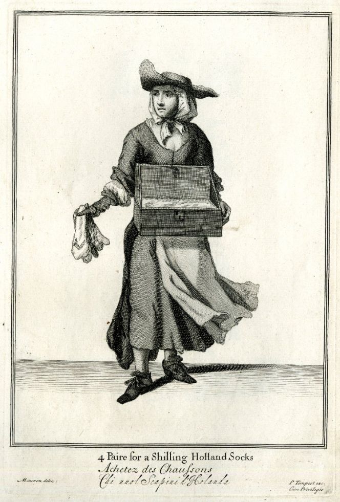 The series of prints showing street traders in London from 1688 include a few individuals with textile connection; an elderly man selling pins, a woman with velvet, satins and other fabrics in her basket and the depicted woman selling “Holland Socks”. This women is one illustrative primary source giving proof for that ready-made garments were for sale in the late 17th century. (Courtesy of British Museum, No: 1972,U.370.4, ‘The Cryes of the City of London Drawne after the Life’).