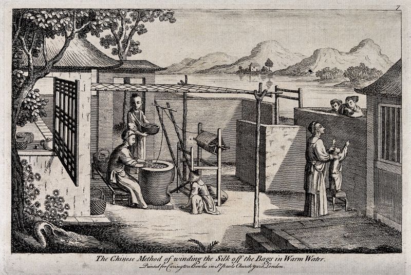 Together with a second image of Chinese silk traditions, which demonstrates the process of reeling the silk from cocoons and winding the silk thread onto a reel. This work depicts the fifth stage of nine – from gathering the eggs to weaving complex silks. (Courtesy of: Wellcome Library, London, UK. No: 44100i).