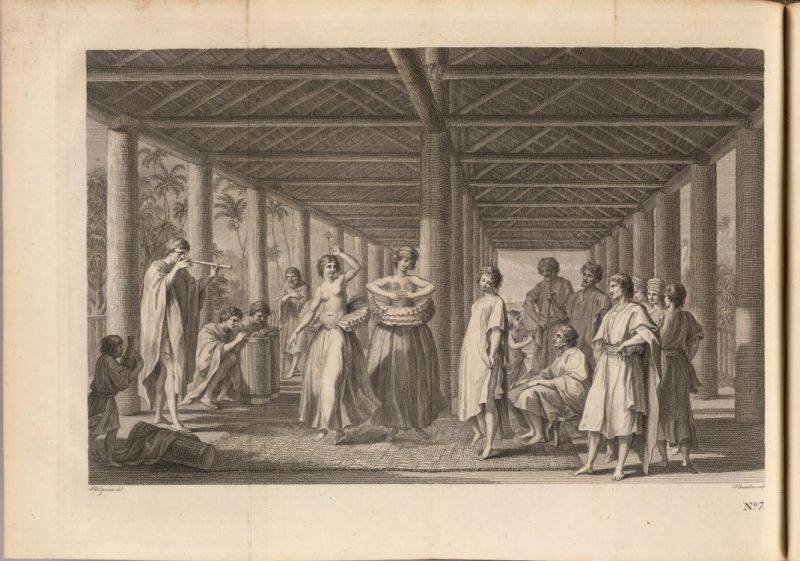 The experience of music and dance on Ulietea (Raiatea) in 1769, is shown here in the artist Sydney Parkinson’s representation from James Cook’s first voyage. This plate is a clear example of the fact that women’s as well as men’s clothing was made from the locally produced bark cloths (illustrated with a touch of “Europeanisation”), put into words in journals by Joseph Banks, James Cook and Sydney Parkinson from the entire Polynesian region – during a journey when the Linnaeus’ apostle Daniel Solander also took part as a botanist. (Originally in: Hawkesworth, John, An Account of the Voyages…, plate VII).