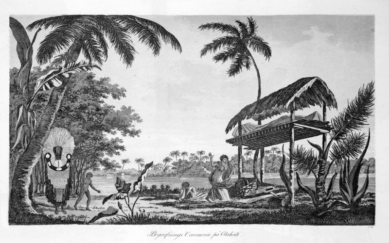 During a visit on Tahiti in the previous month (August 1773) the bark cloth was also noticed to be of ceremonial significance in Sparrman’s journal. The travellers became spectators at a dance, regarded as honouring dead relatives, where the dancers wore bark cloths dyed red in the shape of girdles around the waist. Back again on a second visit to Tahiti in 1774, a mourning outfit was described, called Tupapao, which at the bottom resembled an apron ‘studded with round polished buttons of coconut shell’. The garment was regarded as very valuable for bringing back to Europe as, ‘after Capt. Cook’s return home, it fetched 25 Guineas’. Interestingly, Sparrman’s journal from Society Islands (September 1773) also included a reflection on how inappropriate it was regarded for a European man to show sadness and cry, due to that ‘our civilised upbringing frequently demands us to control the most beautiful indication of emotions as being inimical to decent manliness.’ (This illustration was initially published in Anders Sparrman’s Swedish original edition of 1802 and the plate was named ‘Burial Ceremony on Otaheiti’). 