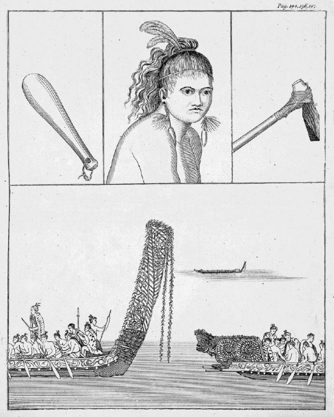 Anders Sparrman’s journal kept during James Cook’s second circumnavigation from 1772 to 1775, includes some further information of feathers as decoration. This Plate of New Zealand men/warriors, gives detailed views from a European perspective (January 1773): ’This visit could not happen without them having adorned themselves with a stinking grease, as is their fashion, feathers in their heads and ears, dressed in their best short tunics with feathers crocheted into them, the man’s hair now tied in a tassel over the crown of his head and decorated with white feathers.’ (Hansen, L. ed,…Vol. 5, Pl. XVIII). 